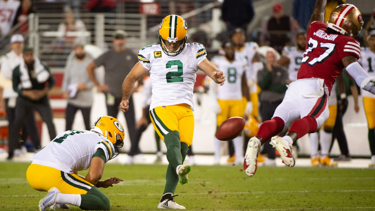 Green Bay Packers’ Mason Crosby (2) kicks the game winning field goal in the final seconds of the game as the Green Bay Packers beat the San Francisco 49ers 30-28 during a game at Levi’s Stadium on Sunday, September 26, 2021 in Santa Clara.