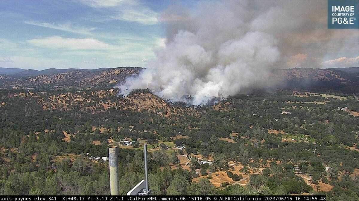 In an image captured by a PG&E camera, the Scott Fire is seen burning near Loma Rica on Thursday, June 15, 2023.