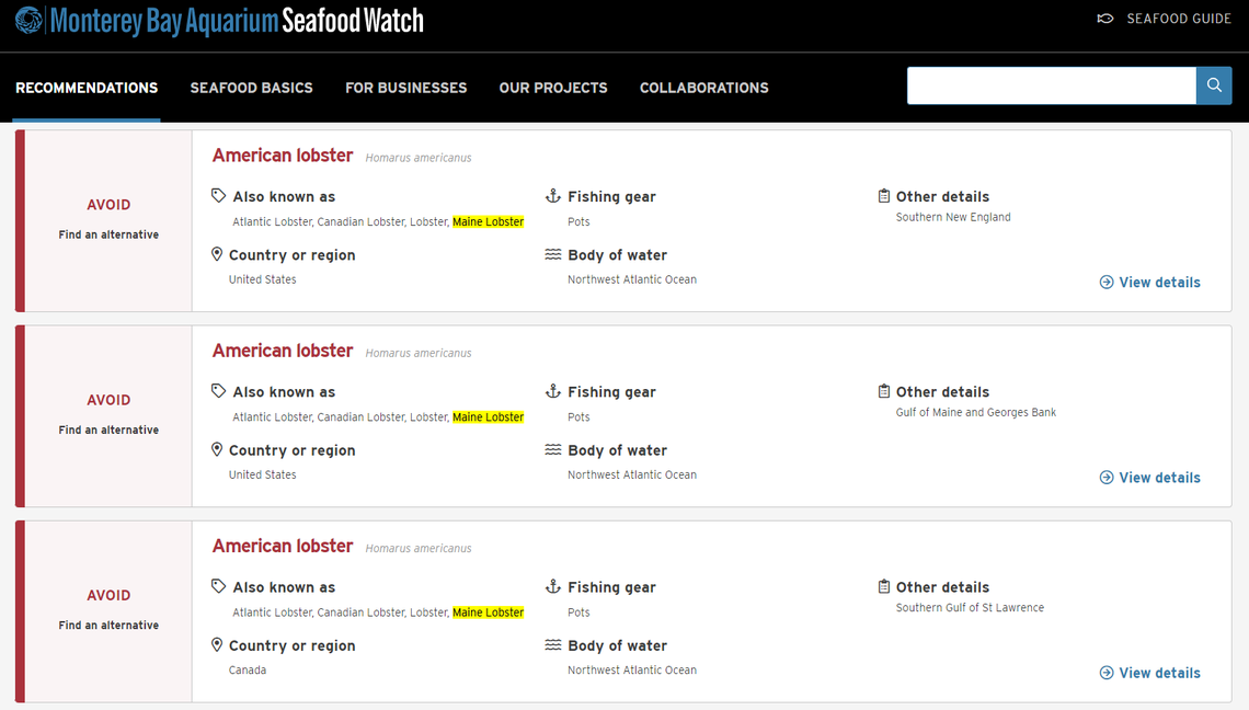 Monterey Bay Aquarium’s “red” rating of Maine lobster.