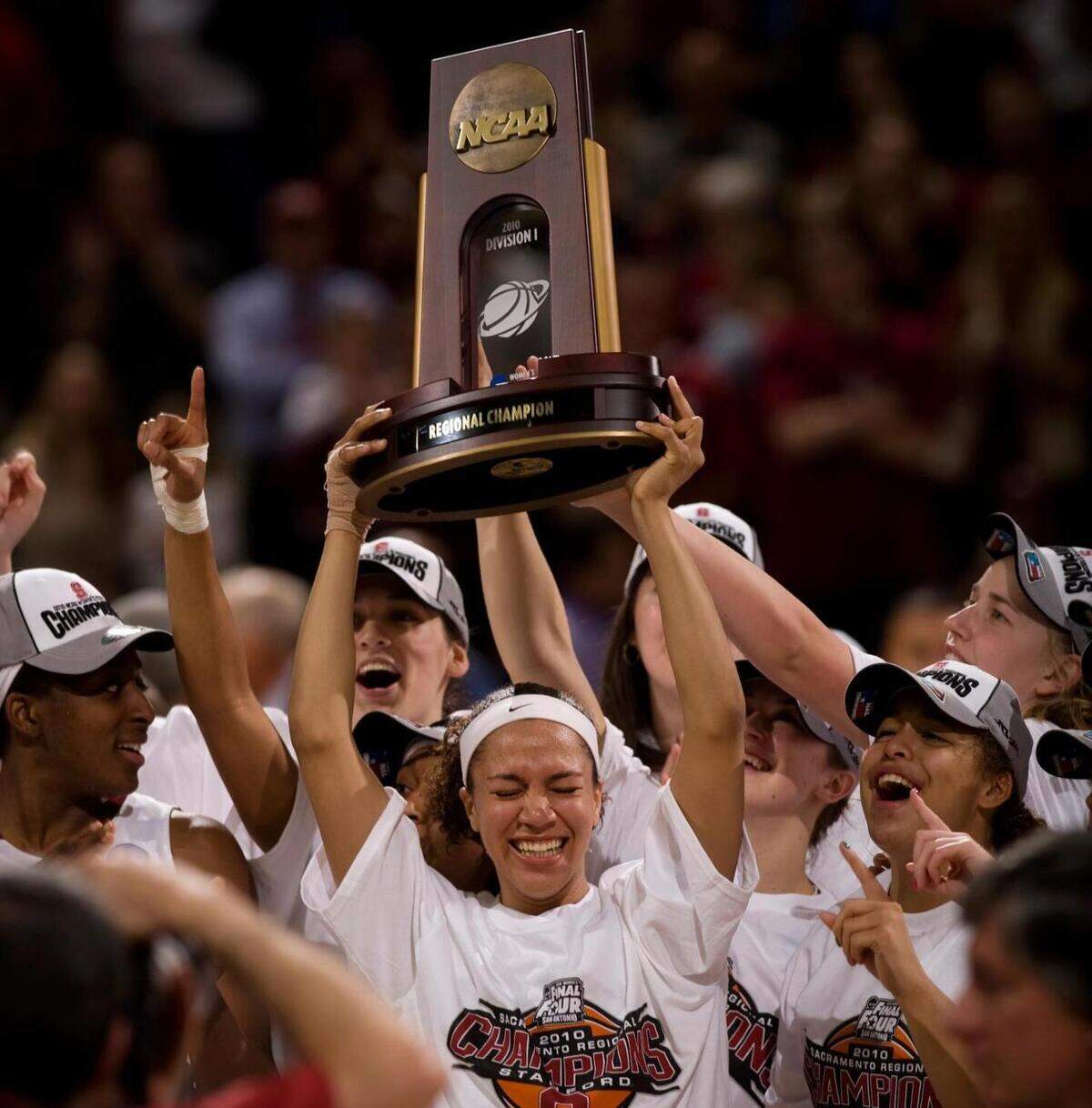 Stanford’s Rosalyn Gold-Onwude lifts the regional trophy in celebration after the NCAA Woman’s Division I regional final against Xavier at Arco Arena in Sacramento on March 29, 2010.
