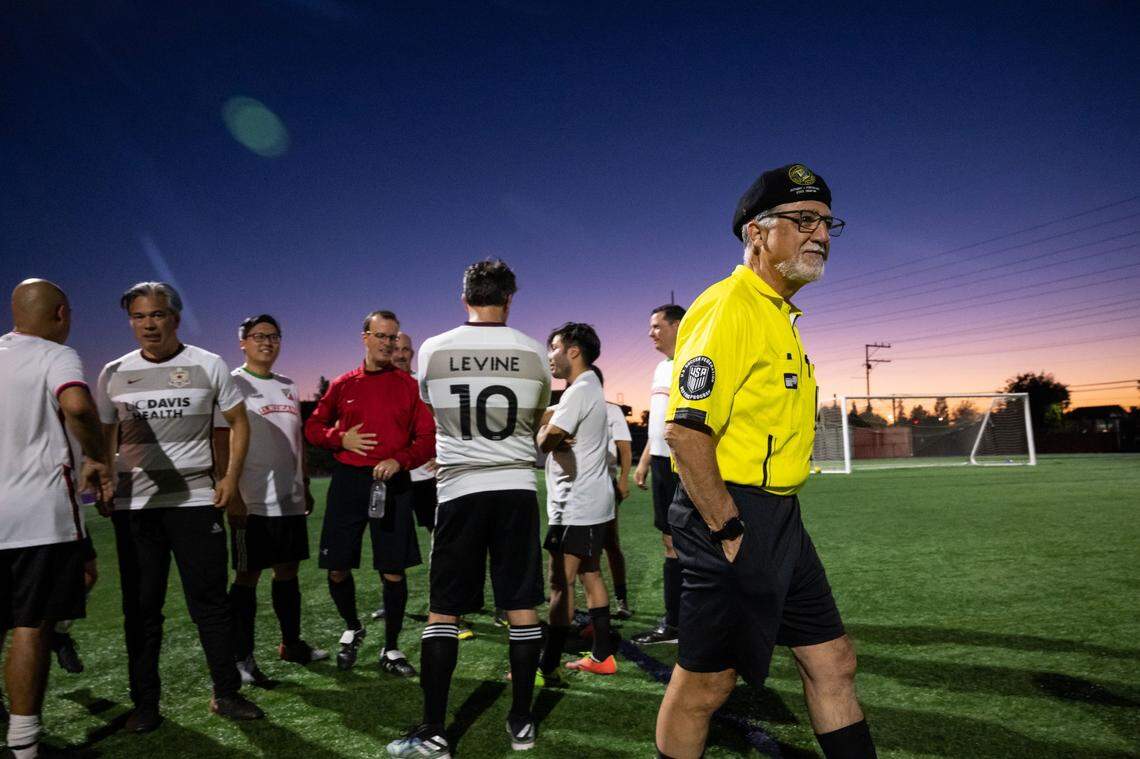 State Sen. Anthony Portantino, D-La Cañada Flintridge and chair of the Senate Appropriations Committee, walks back on the pitch for the second half of the annual Capitol Cup charity soccer game Wednesday between Northern and Southern California legislators at Cristo Rey High School in Sacramento.
