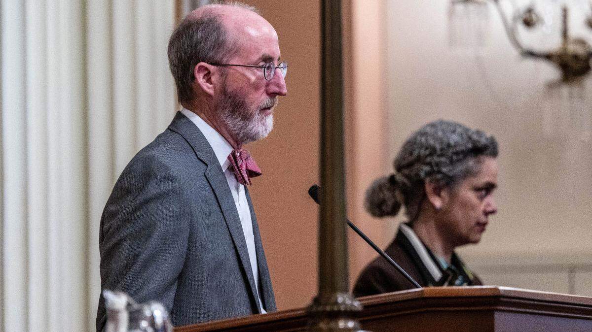State Sen. Steve Glazer, D-Contra Costa, listens as Sen. Catherine Blakespear, D-Encinitas, not pictured, presents Senate Resolution 82 to recognize World Press Freedom Day on Thursday at the state Capitol. Glazer is the author of SB 1327, which would create a tax credit for state media outlets by taxing the internet advertising revenues of companies like Meta and Google.