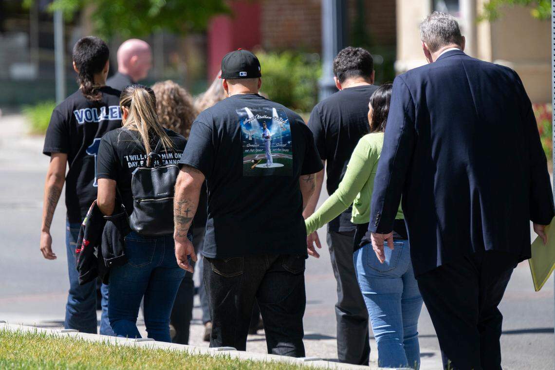 Family members of victim Angel Mathew Voller leave the Yolo County Superior Court in Woodland on Monday, April 13, 2026, after watching proceedings ahead of the arraignment for Sam Machado, Douglas Tollefsen, Craig Allen Cutright, Jack Ying Lee and Tammy Kiku Machado. The defendants face seven counts of murder and other charges related to the Esparto fireworks explosion.