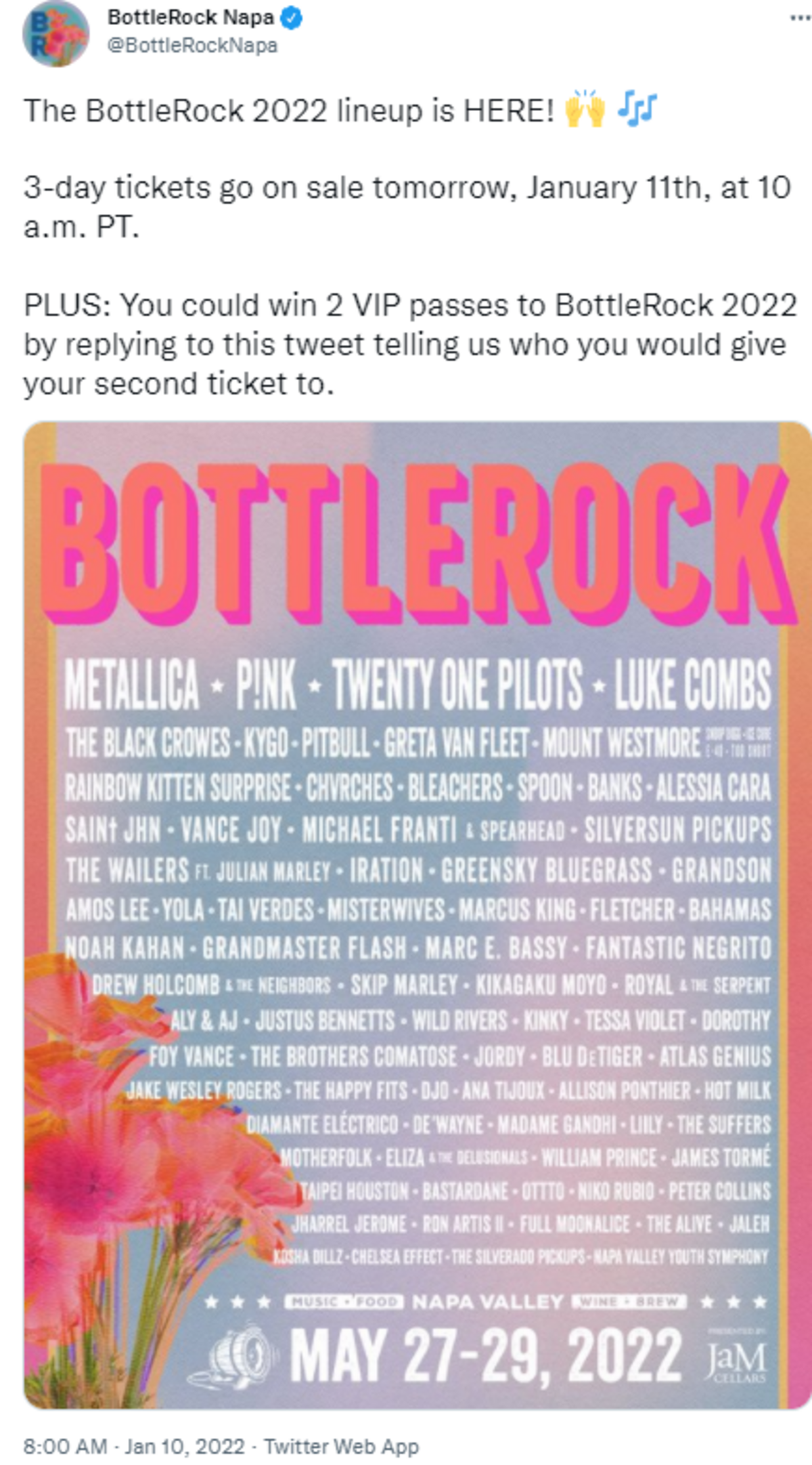 Screenshot of BottleRock Napa Valley’s Tweet announcing this year’s lineup.