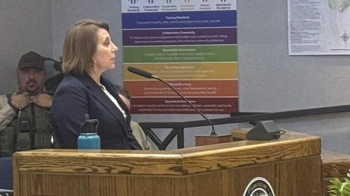 Acting District Attorney Melinda Aiello addresses the Yolo County Board of Supervisors on June 23, 2026, in Woodland before the board appointed her to serve the remainder of former District Attorney Jeff Reisig’s term. Aiello said her experience working in Yolo County and leading the prosecutor’s office made her “uniquely qualified” for the position.