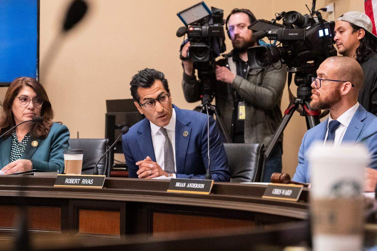 Assembly Speaker Robert Rivas gives his views on Assembly Bill 89, which would ban trans girls from playing women’s sports in schools, during Assembly committee hearings on Tuesday at the state Capitol.