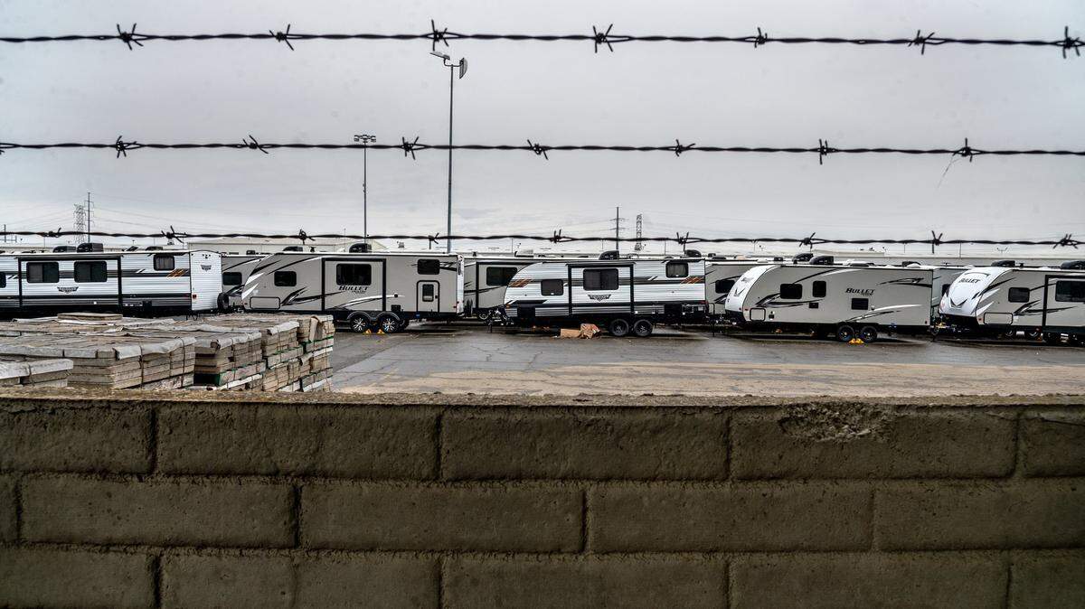 Travel trailers sit unused in the city of Sacramento Corporate Center on Kenmar Road in November 2021. The some of the trailers, which have been empty for 20 months, will be used to house homeless residents at Miller Park.