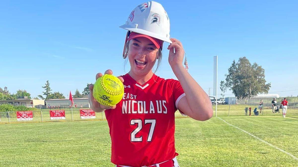 East Nicolaus star Meika Lauppe earned her team’s “Hard Hat Award” after beating Inderkum. She is 16-0 for The Bee’s top-ranked softball team.