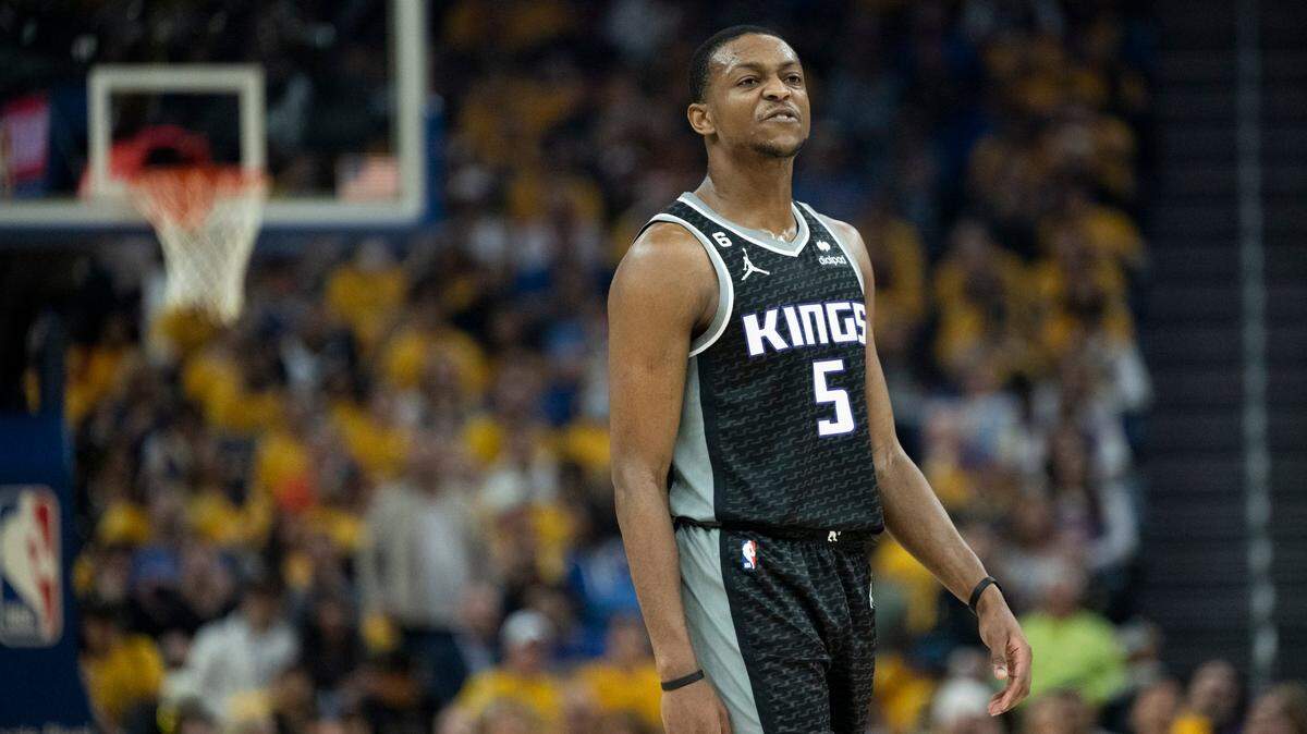 Sacramento Kings guard De’Aaron Fox (5) reacts after foul during Game 4 of the first-round NBA playoff series at Chase Center in San Francisco on Sunday, April 23, 2023.