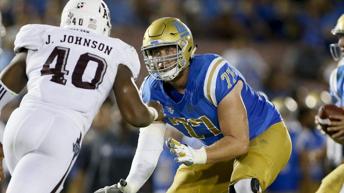UCLA offensive lineman Kolton Miller looks to block for quarterback Josh Rosen against Texas A&M on Sept. 3, 2017, in Pasadena.