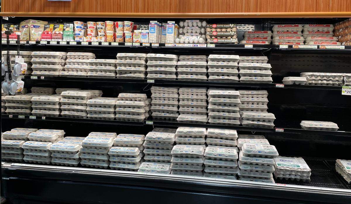 Plenty of eggs were in stock at Rancho San Miguel on Broadway in Sacramento on the evening of Monday, January 9, 2023. A dozen cage-free white eggs cost $6.98, while a dozen cage-free, California-grown brown eggs were only $3.98.