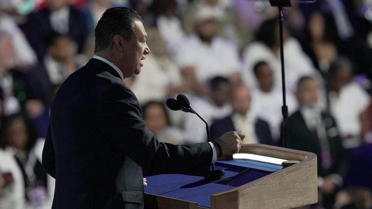 California Sen. Alex Padilla speaks on Thursday, Aug. 22, 2024, the final day of the Democratic National Convention at the United Center. 