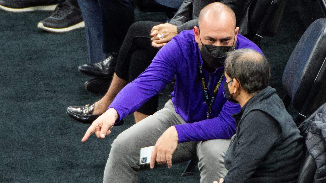Sacramento Kings Monte McNair general manager and Sacramento Kings Vivek Randive owner talk in the first quarter during a game at Golden 1 Center on Friday, Feb. 12, 2021 in Sacramento.