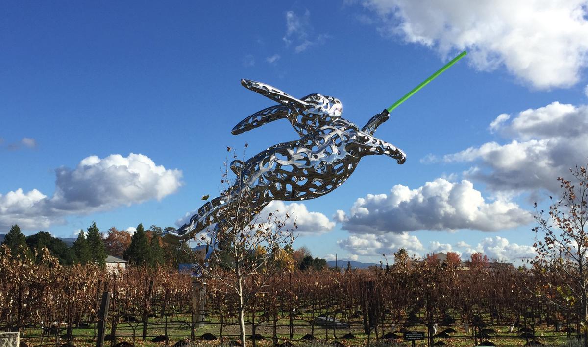 “Bunny Foo Foo” holds a lightsaber in celebration of the “Star Wars” film franchise at Hall Wines in St. Helena.