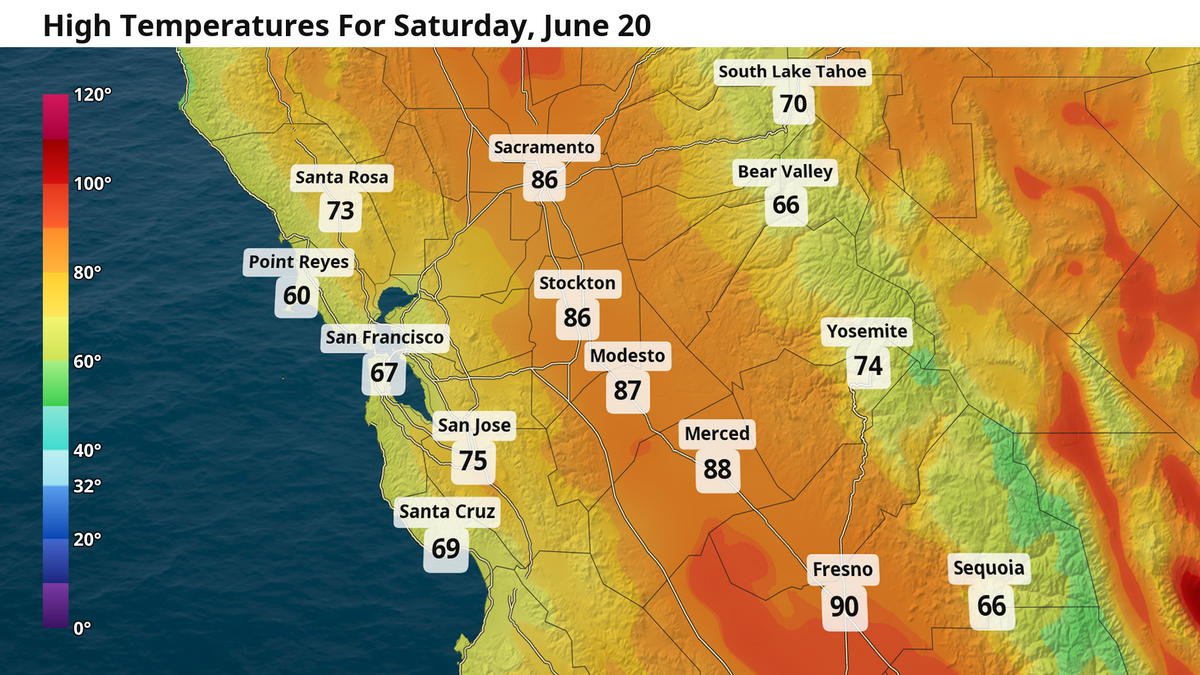 Forecast high temperatures for Saturday, June 20