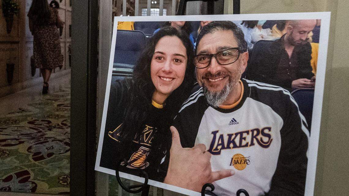 A photo of José Luis Silva with his daughter Madeline Silva stands on display at his funeral Friday, Sept. 6, 2024, at East Lawn Cemetery in Sacramento. The driver who killed him received a light sentence this month.