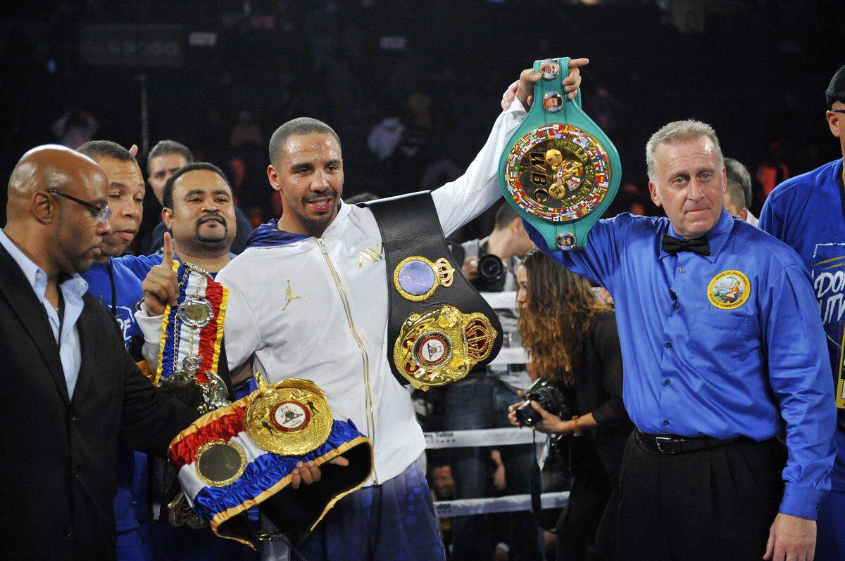 November 16, 2013; Ontario, CA, USA; Andre Ward is declared the winner following his fight against Edwin Rodriguez at Citizens Business Bank Arena. Mandatory Credit: Gary A. Vasquez-USA TODAY Sports