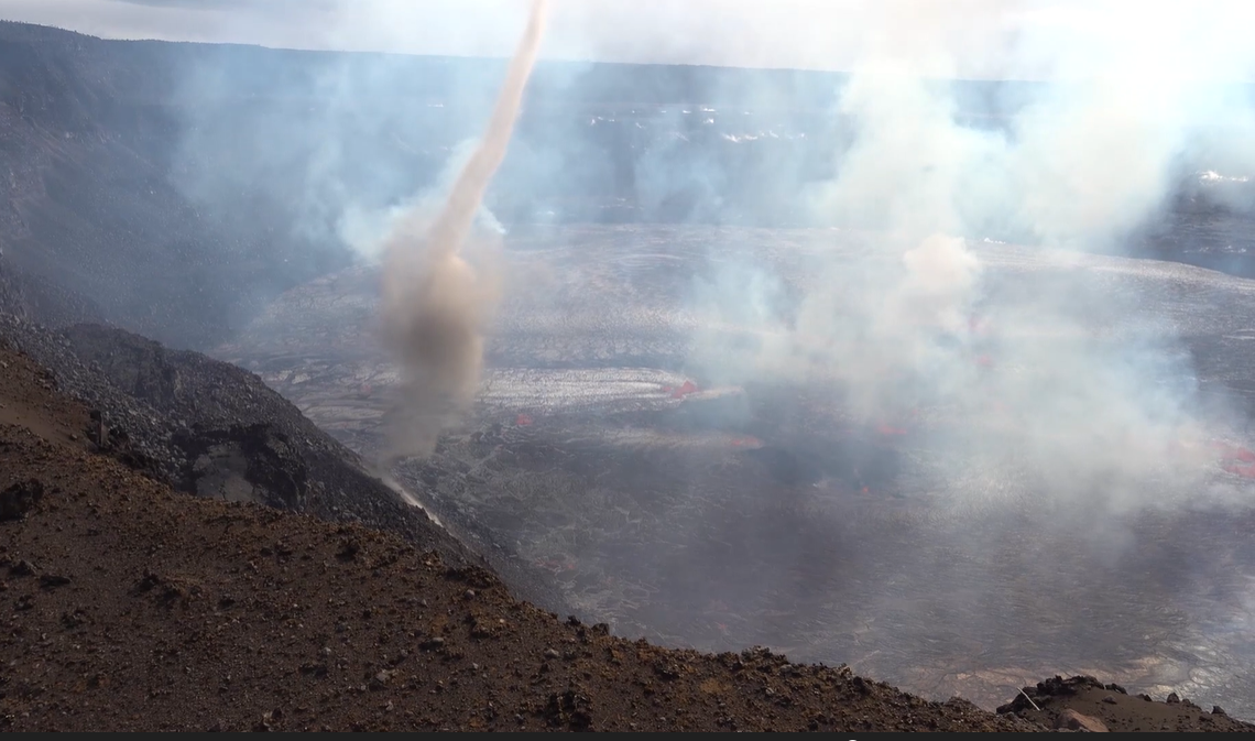 A rarely recorded wind vortex as captured on video dancing across Hawaii’s Kilauea Volcano when it began erupting on June. 7, according to the United States Geological Survey.
