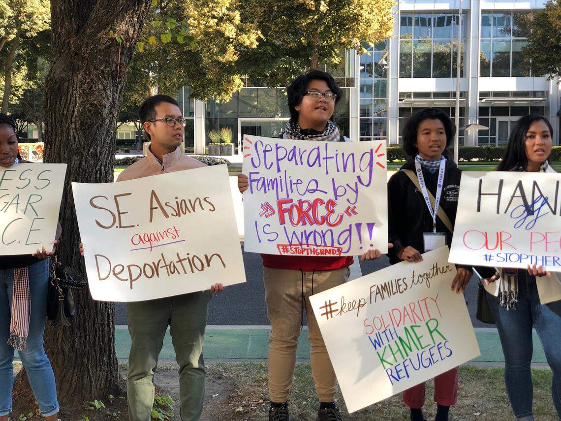 Protesters chanted slogans in support of Cambodian Americans at risk of being deported outside the USCIS Field Office on Oct. 3 in Sacramento.