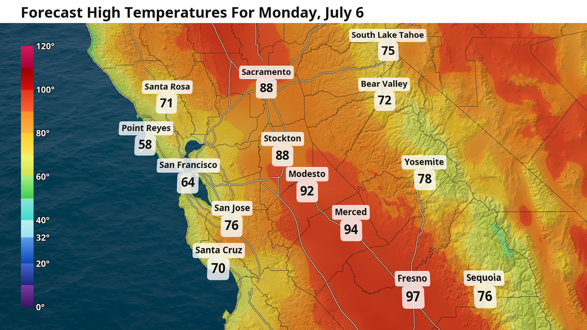 Forecast high temperatures for Monday, July 6