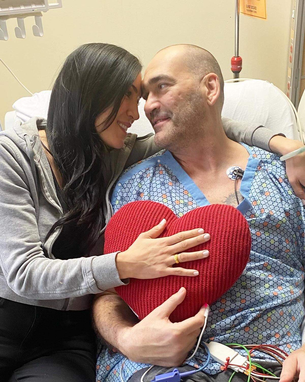 Former Sacramento Kings center Scot Pollard, right, and his wife Dawn share a moment together before Pollard’s heart transplant procedure on Friday, Feb. 16, 2024, at Vanderbilt University Medical Center in Nashville, Tennessee.
