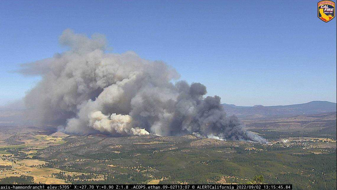 The Mill Fire is seen burning near Weed, Calif., in an image taken from an AlertWildfire fire monitoring camera on Hammond Ranch on Friday, Sept. 2, 2022.