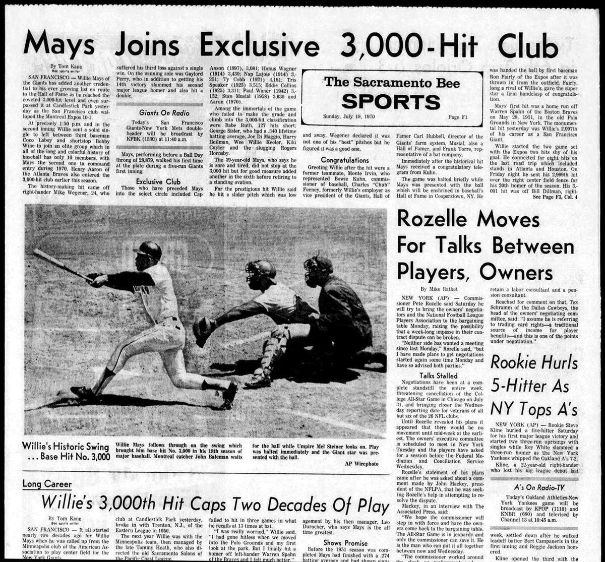 The sports cover of The Sacramento Bee on Sunday, July 19, 1970, a day after Giants slugger Willie Mays made his 3,000th career hit. The Hall of Famer center fielder and a slugging icon died Tuesday, June 18, 2024, at the age of 93, the Giants organization announced.