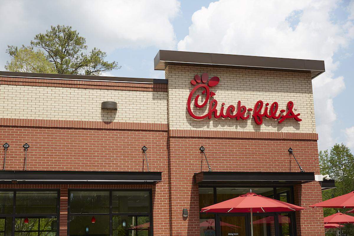 The exterior of a Chick-fil-A fast-food restaurant.