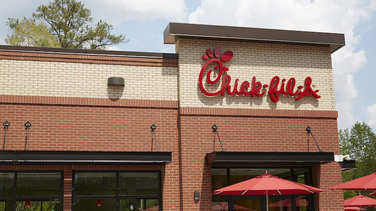 The exterior of a Chick-fil-A fast food restaurant. 