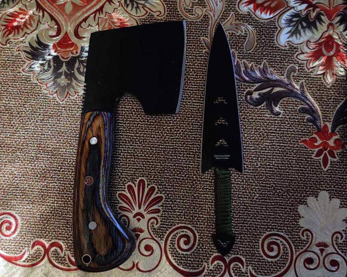 A throwing knife and a tomahawk belonging to Jorge Riley is seen in an undated photograph provided by the U.S. Attorney’s Office. Riley, an Army veteran who was seen participating in the Jan. 6 insurrection on the U.S. Capitol, is expected to be sentenced in court in Washington, D.C., on Wednesday for his role in the riot.