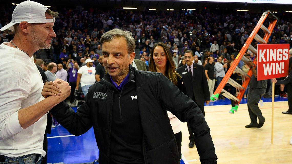 Sacramento Kings principle owner Vivek Ranadive congratulates fans after the Kings won their first season game 102-101 over the Utah Jazz at Golden 1 Center on Friday, Nov. 1, 2019 in Sacramento.
