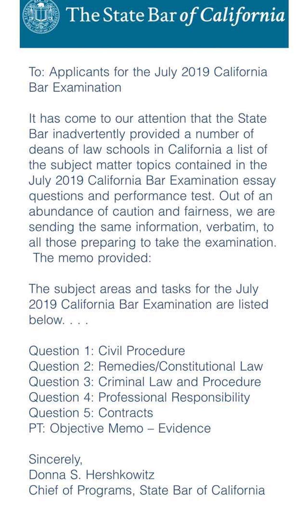 The email that the California Bar Association sent to exam takers on Saturday night