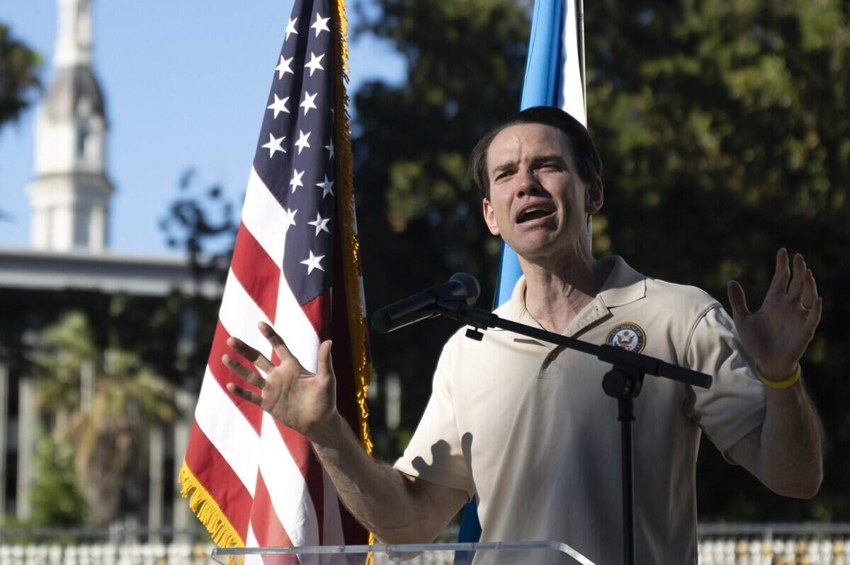 Congressman Kevin Kiley, I-Rocklin, speaks to those gathered in front of the state Capitol at the “Bring Kids Back” installation on Monday. The installation of 20,000 teddy bears represents Ukrainian children who have been deported, forcibly transferred or separated from their families during the Russia-Ukraine war.