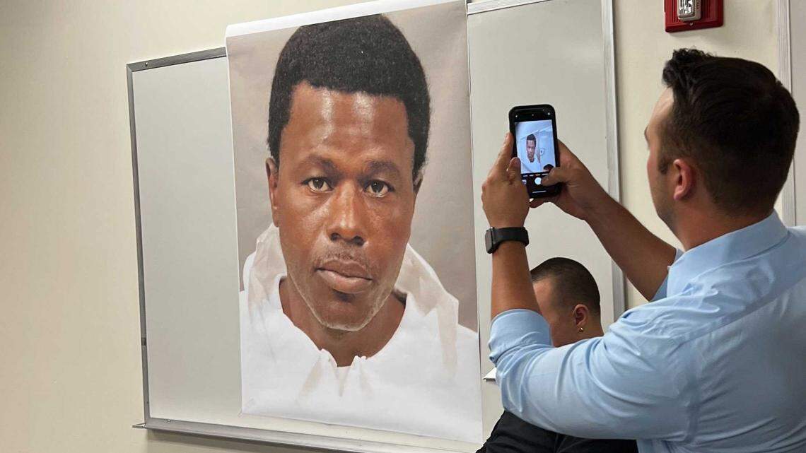 Authorities announce the arrest of Wesley Brownlee, 43, on Saturday, Oct. 15, 2022, in Stockton, Calif., in connection with a series of killings in the city and Oakland that left six people dead since 2021. His photograph was displayed at Stockton Police Department headquarters on Saturday.