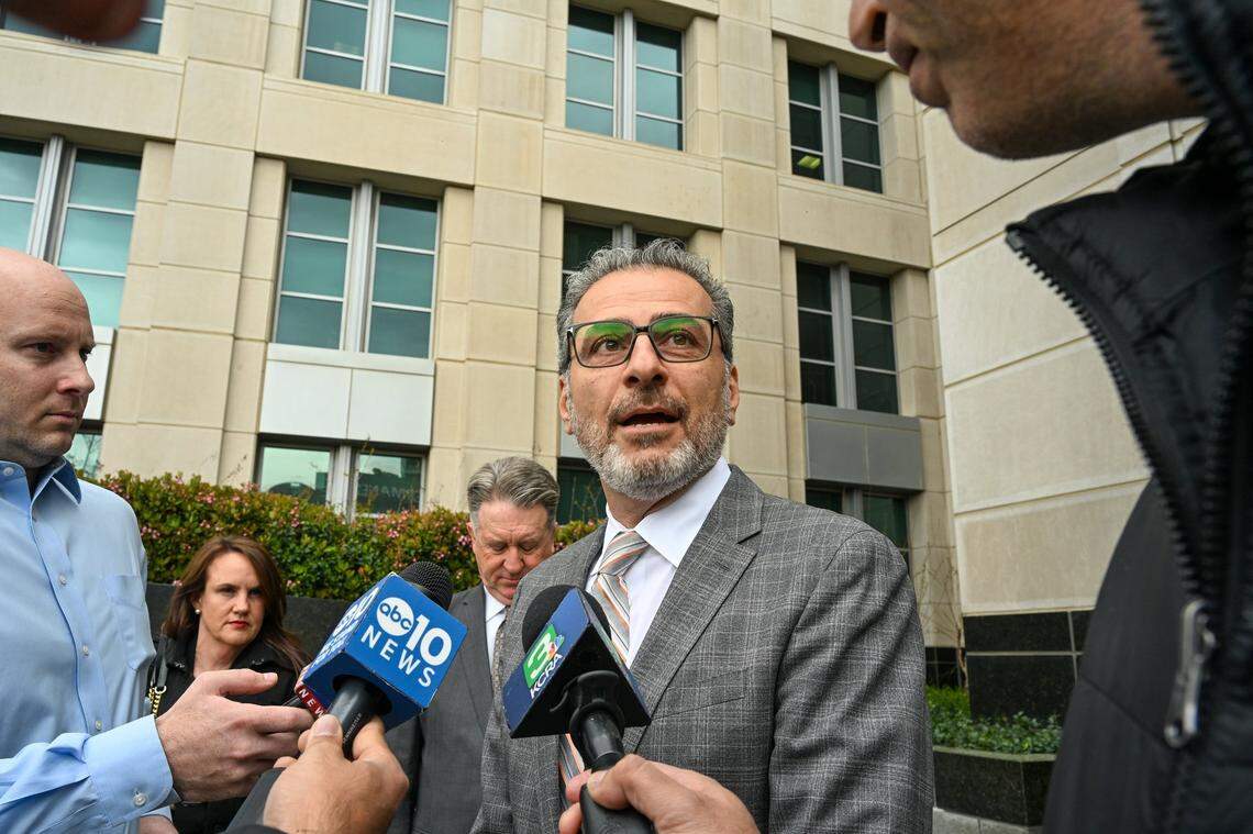 Former Sacramento City Councilman Sean Loloee speaks outside the Robert T. Matsui United States Courthouse in Sacramento after an arraignment on Friday, March 22, 2024. He denied what he called “ridiculous allegations” and blamed politics for the situation. He’s set to plead guilty Thursday.