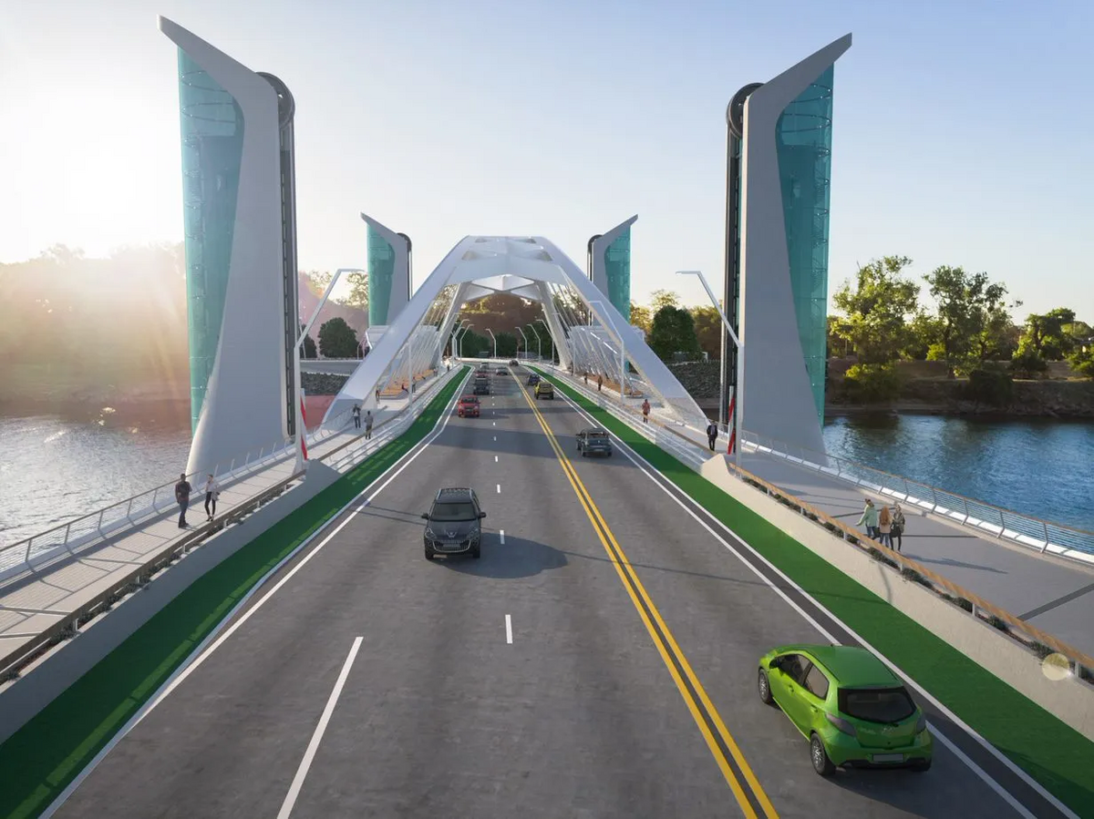 A rendering of what the I Street Bridge replacement will look like at ground level. The new bridge will have three travel lanes, wide sidewalks and bike lanes.