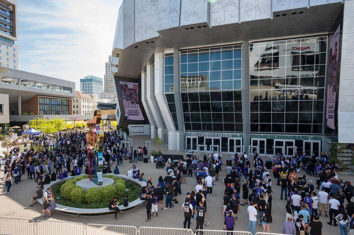 Fans wait in the line for the doors to enter the Game 4 watch party at Golden 1 Center on Sunday.