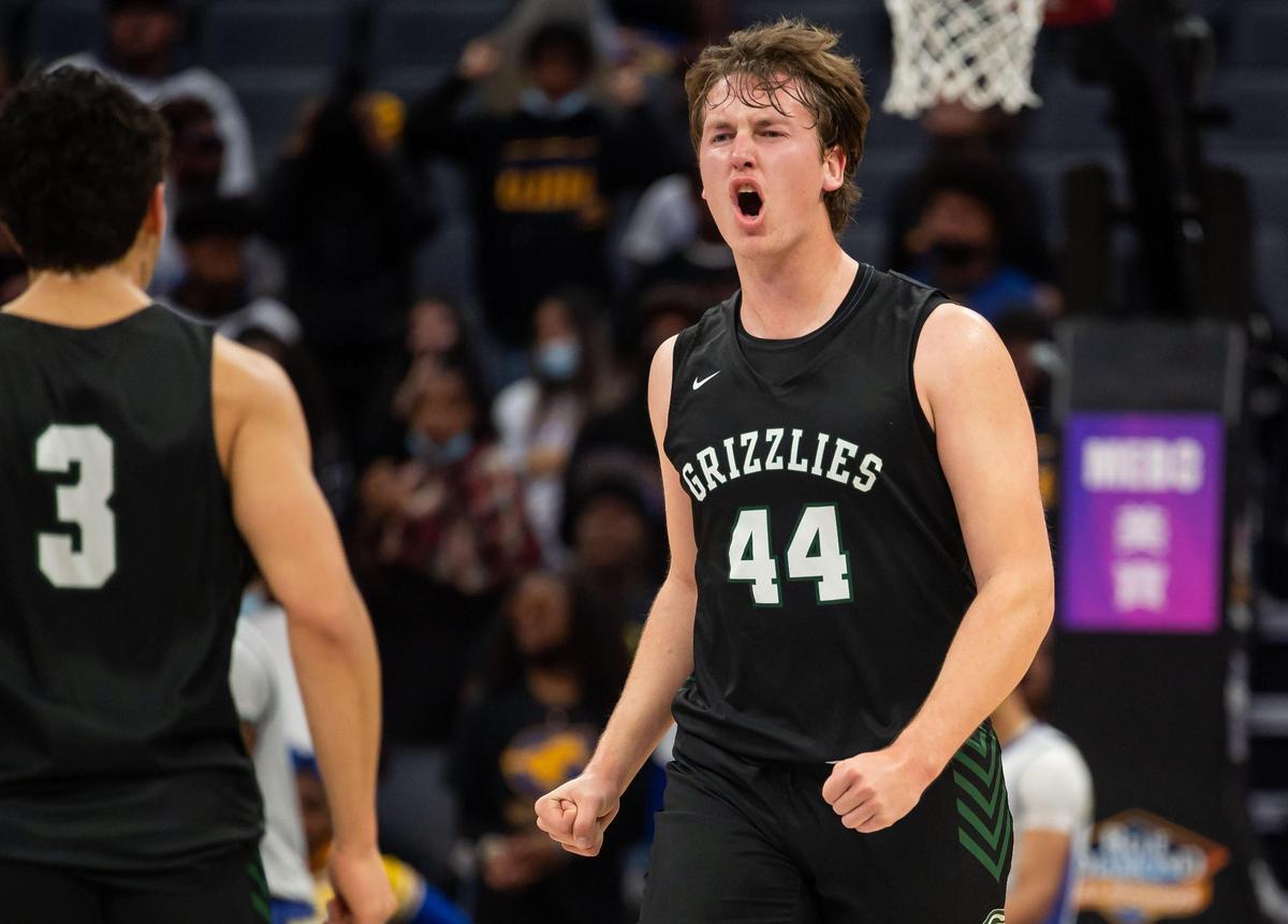 Granite Bay Grizzlies’ Trevor Alfstad (44) celebrates as a timeout is called after a big play during the first half against Grant at the high school boys basketball Sac-Joaquin Section Division 2 championship game Friday, Feb. 25, 2022, at Golden 1 Center in Sacramento. Grant beat Granite Bay, 65-58, for the title.