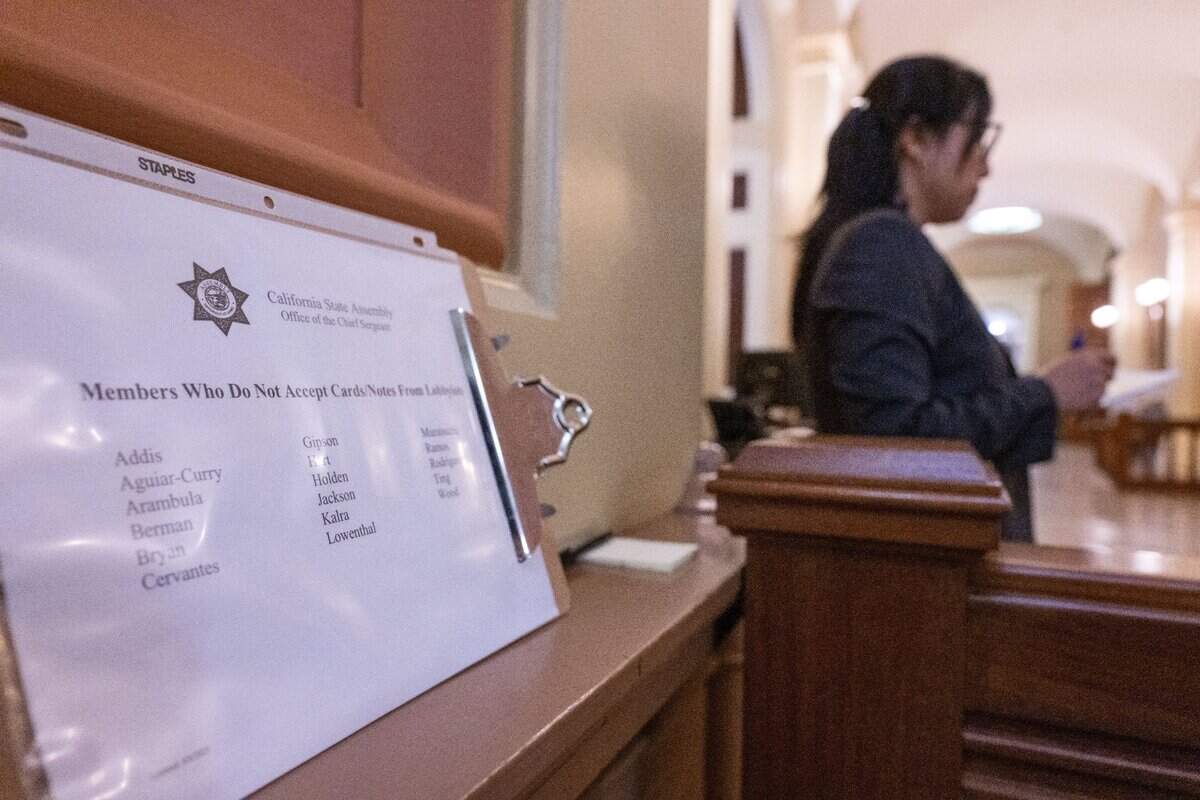 A list posted outside the California Assembly chambers at the state Capitol on Tuesday indicates which members do not accept business cards from lobbyists.