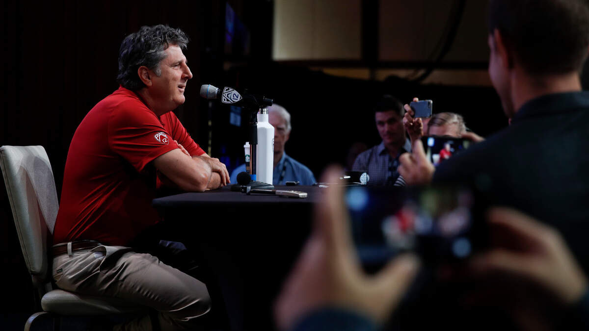 Washington State coach Mike Leach speaks during Pac-12 Football Media Day on Wednesday in Hollywood.