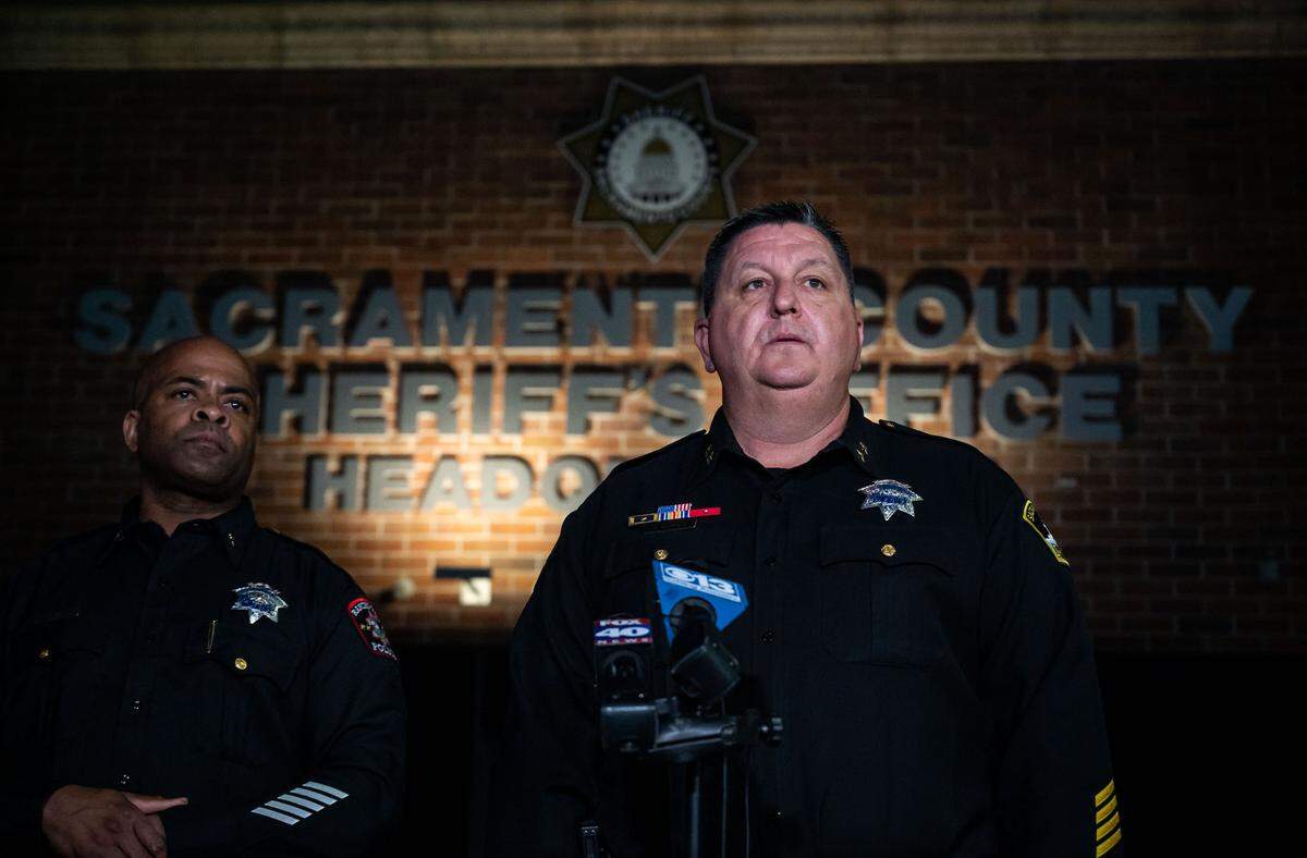 Sacramento Undersheriff Jim Barnes, right, speaks with news media alongside Rancho Cordova Police Chief Brandon Luke as they announce the arrest of Mikilo Morgan Rawls, 37, during a press conference in Feburary outside the Sacramento Sheriff’s Office headquarters in Carmichael. They said Rawls was arrested after DNA evidence linked him to the sexual assault and murder of Emma Roark, 20, earlier this year along the American River Parkway.
