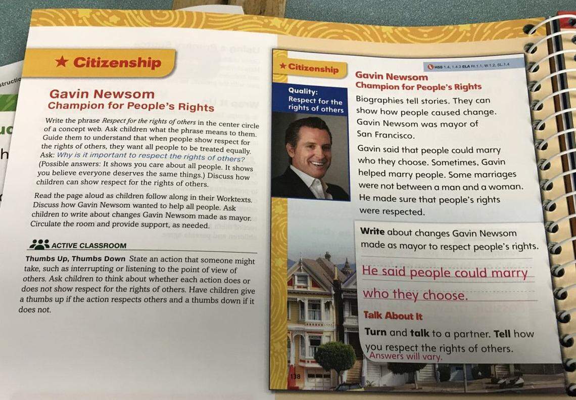 This is a teacher’s handbook for a proposed first grade textbook that praises Gavin Newsom as a “champion of people’s rights” currently being tested at the Elk Grove Unified School District.