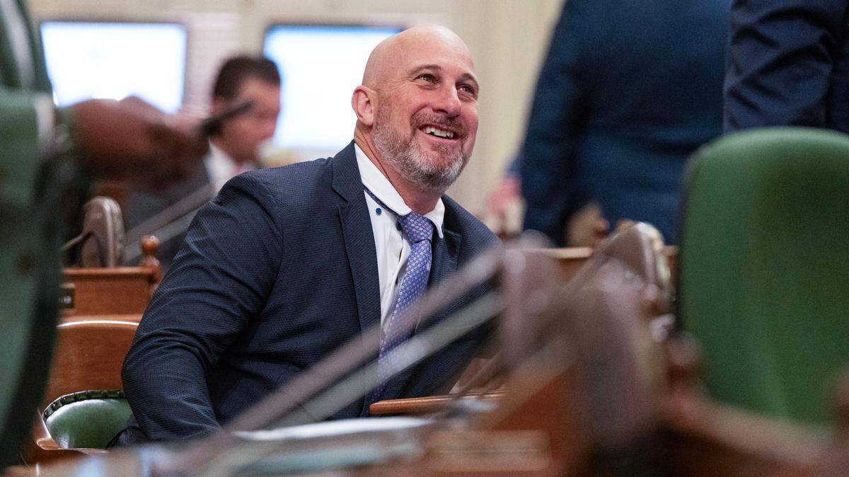 Assemblymember Heath Flora, R-Ripon, smiles before a session at the state Capitol in May. Flora will take over the leadership role for his party in the Assembly in September.