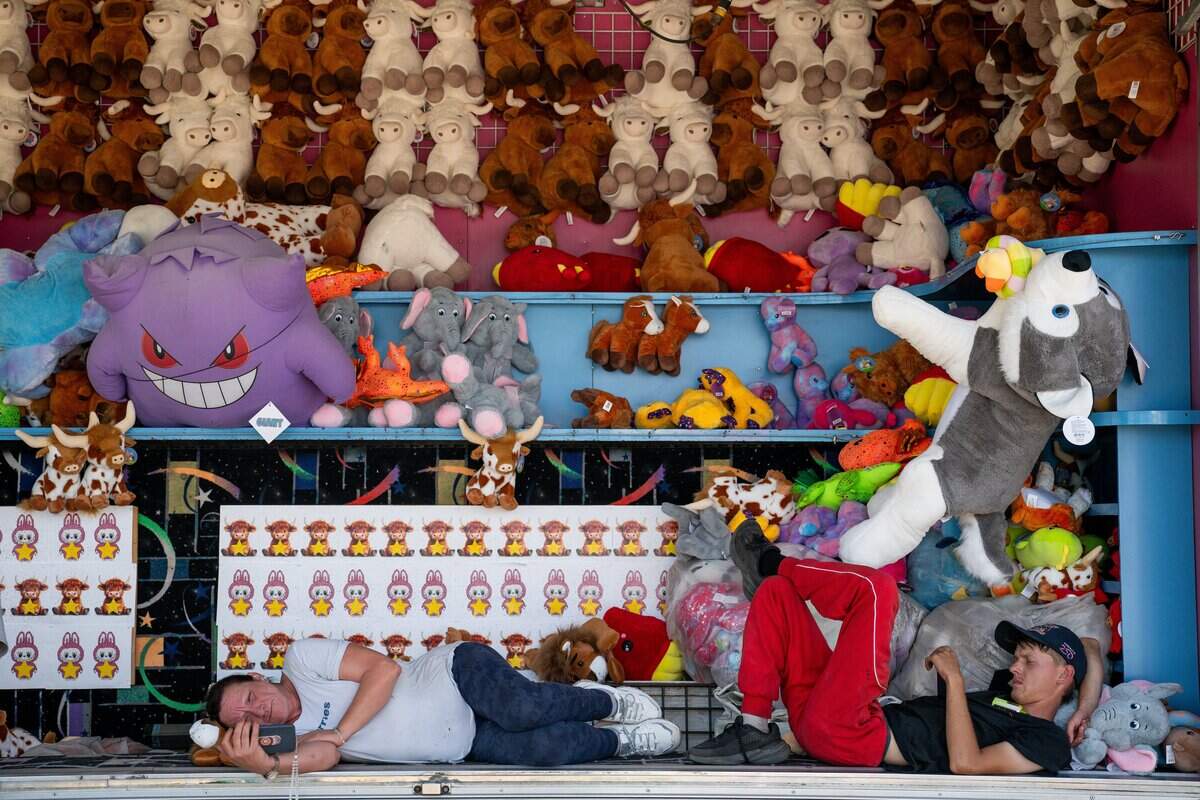 Event staff take a lunch break during the California State Fair media day at Cal Expo in Sacramento on Wednesday, July 15, 2026.