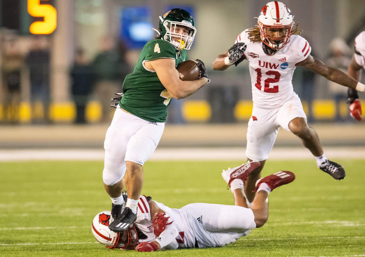 Sacramento State Hornets running back Cameron Skattebo (4) rushes against University of the Incarnate Word (Texas) during the second half of the NCAA college football FCS playoffs quarterfinal game Friday, Dec. 9, 2022, at Hornet Stadium in Sacramento. Skattebo was picked Saturday in the fourth round of the NFL draft by the New York Giants.