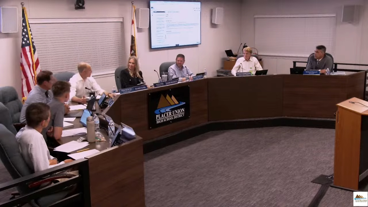 The Placer Union School Board, seen in a screenshot of its Tuesday meeting, voted to file and amicus brief in Supreme Court cases on whether state-level bans on transgender athletes violate the federal law that prohibits discrimination based on sex in public education.
