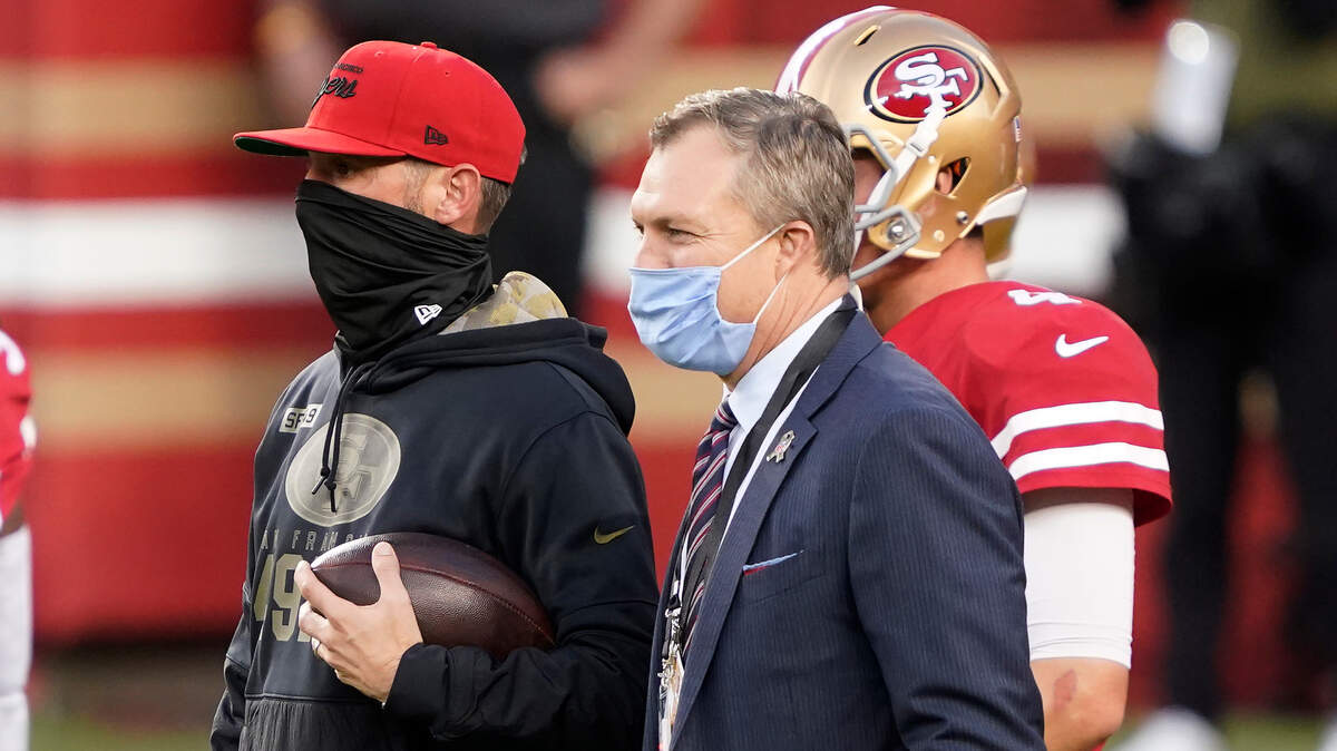 Who will 49ers coach Kyle Shanahan, left, and general manager John Lynch have on the roster this season? Here’s our guess.