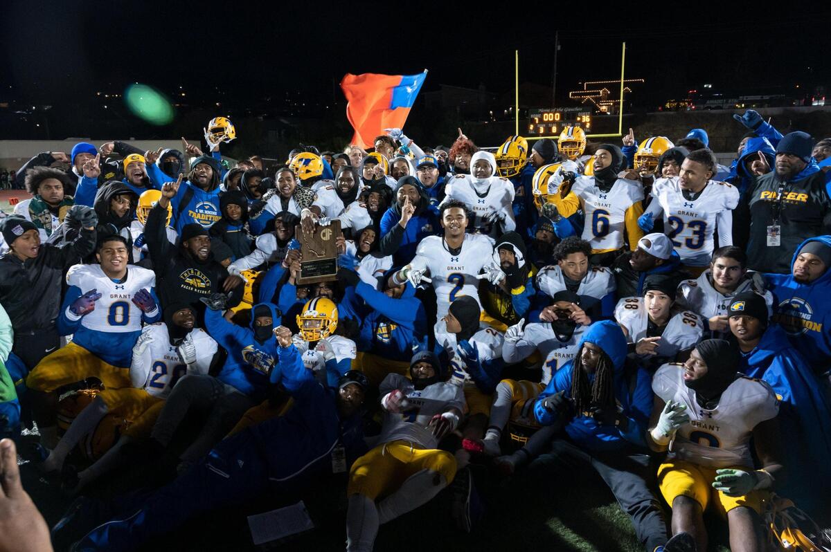 The Grant Pacers pose with the CIF Northern Calfornia Regional Championship plaque after beating El Cerrito in the Division III-AA finals Friday, Dec. 2, 2022, at El Cerrito High School. The Pacers won 36-7.