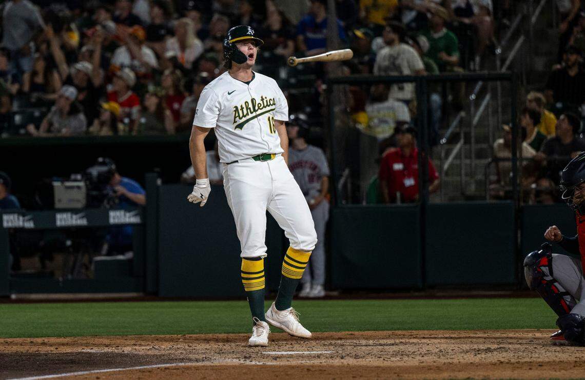 Athletics first baseman Nick Kurtz (16) celebrates his walk-off home run for a 3-1 victory against the Houston Astros at Sutter Health Park on Monday, June 16, 2025.