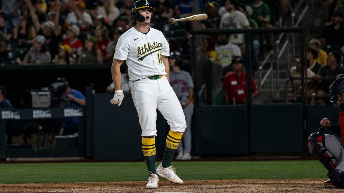 Athletics first baseman Nick Kurtz (16) celebrates his walk-off home run for a 3-1 victory against the Houston Astros at Sutter Health Park on June 16, 2025. Kurtz on Monday became the first A’s player to win American League Rookie of the Year since pitcher Andrew Bailey in 2009.